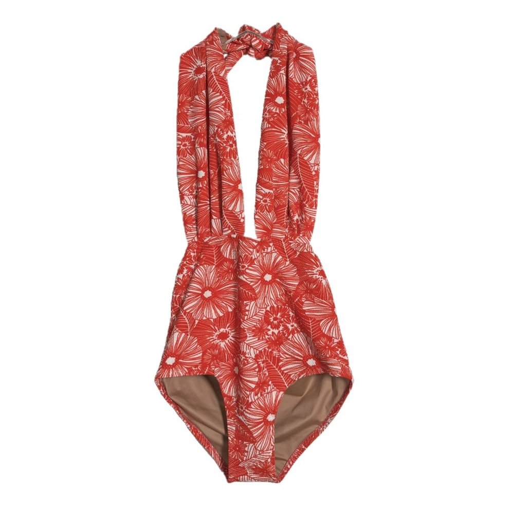 Floral Halter Neck One Piece Swimsuit - Red